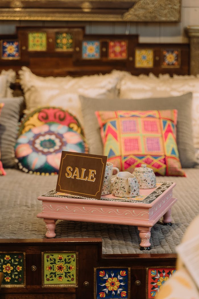 Vibrant pillows and sale sign in a cozy, colorful indoor setting with a tea set on display.